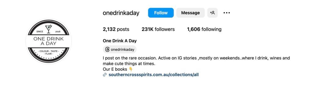 Screenshot of One Drink A Day @onedrinkaday • Instagram photos and videos top spirits influencers 2024
