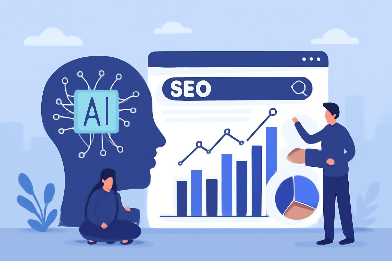 A flat style digital illustration depicts the inte AI in SEO statistics